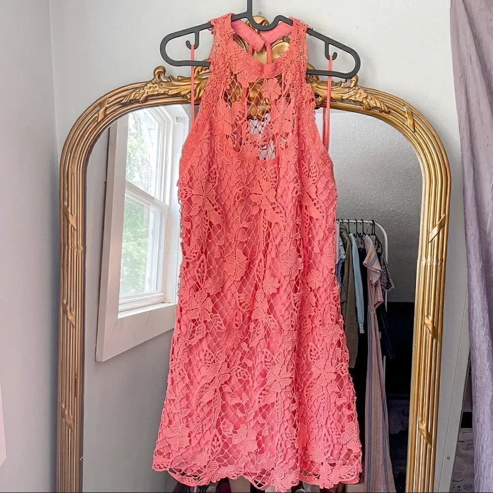 Free People Snowdrop Lace Halter Trapeze Mini Dress Coral L
